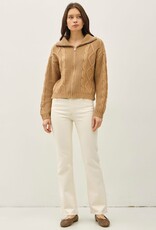 Miss Bliss BC Floppy Collared Cable Zip Up Sweater-Camel