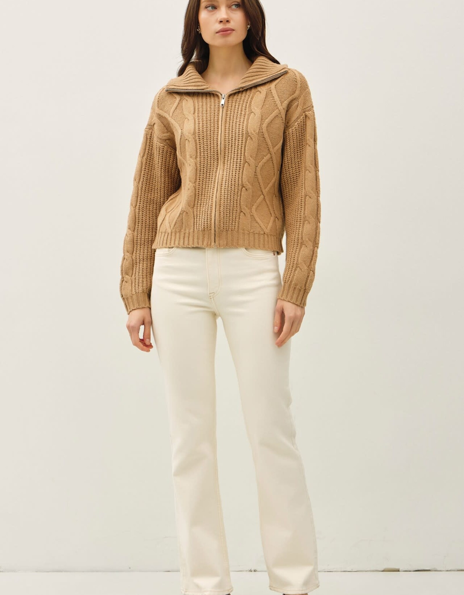 Miss Bliss BC Floppy Collared Cable Zip Up Sweater-Camel