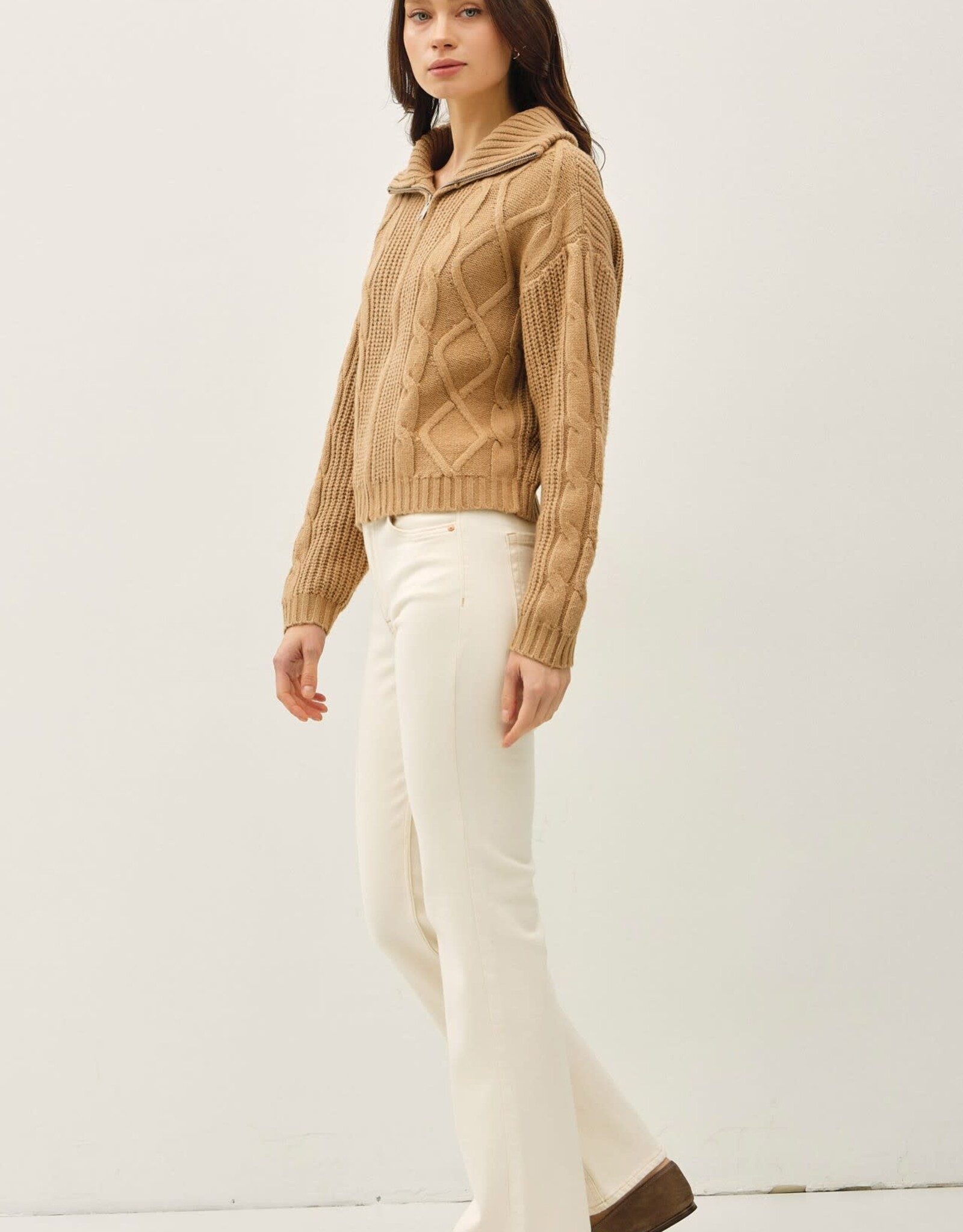 Miss Bliss BC Floppy Collared Cable Zip Up Sweater-Camel