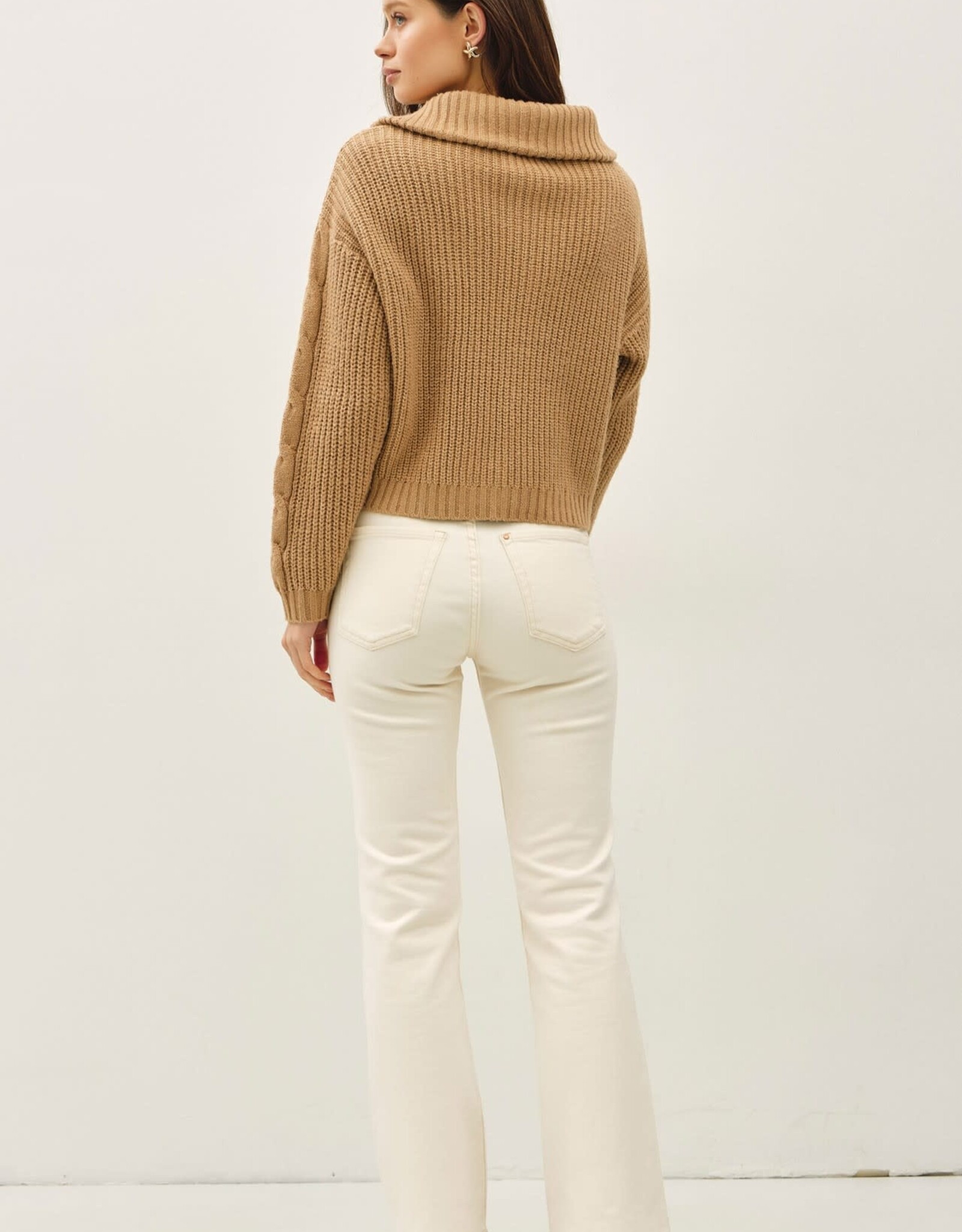 Miss Bliss BC Floppy Collared Cable Zip Up Sweater-Camel