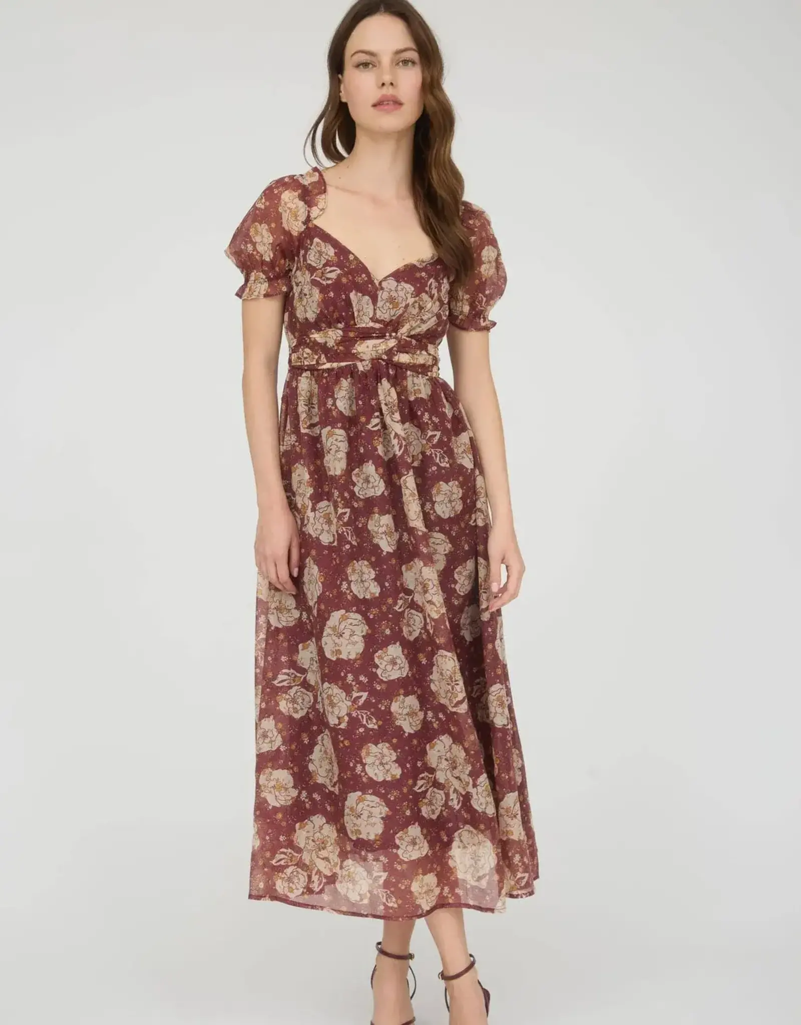 Miss Bliss M&E Floral Sweetheart Neck Back Tie Midi Dress-Burgundy