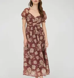 Miss Bliss Burgundy Floral Sweetheart Back Tie Midi Dress