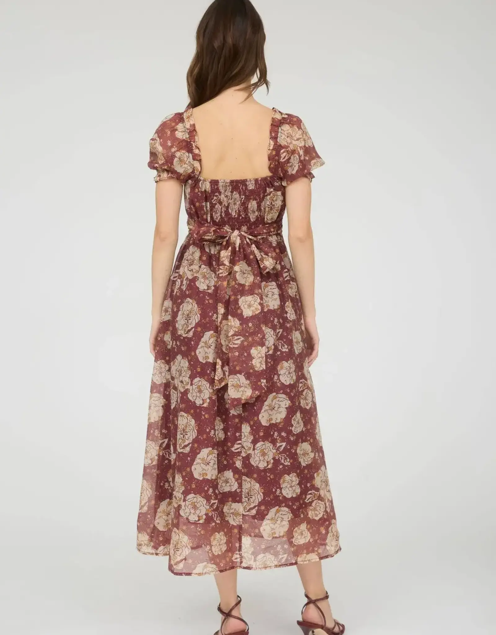 Miss Bliss M&E Floral Sweetheart Neck Back Tie Midi Dress-Burgundy