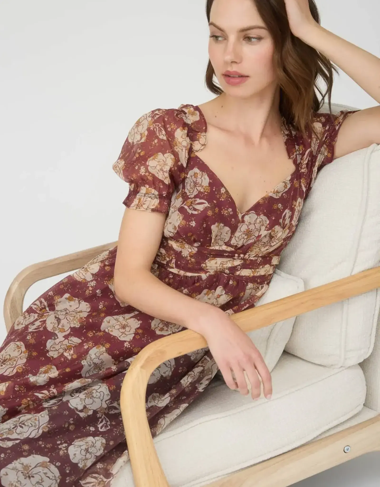 Miss Bliss M&E Floral Sweetheart Neck Back Tie Midi Dress-Burgundy