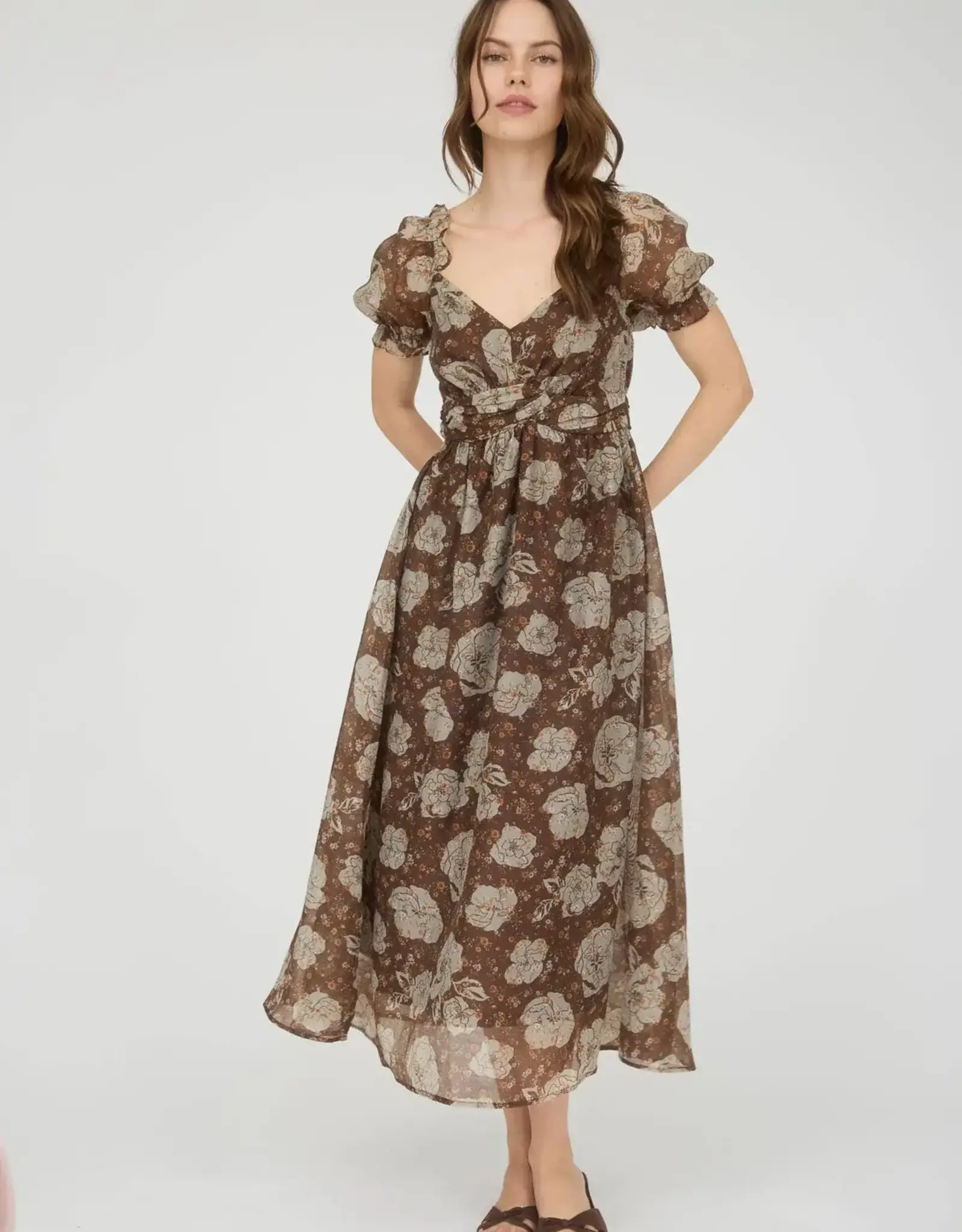 Miss Bliss M&E Floral Sweetheart Neck Back Tie Midi Dress-Brown