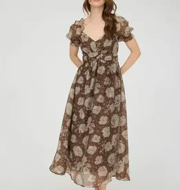 Miss Bliss Brown Floral Sweetheart Back Tie Midi Dress