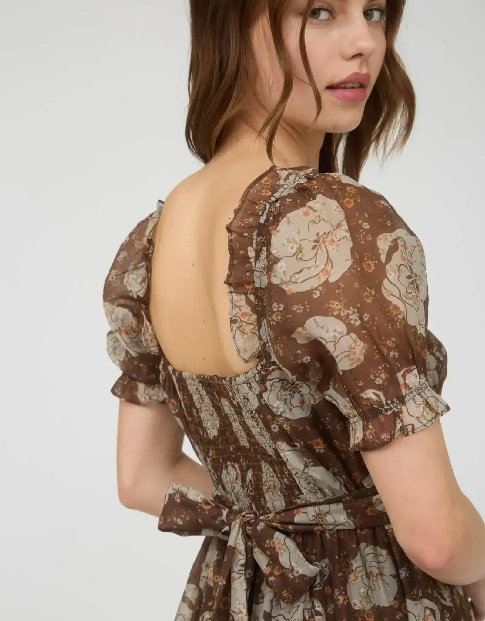 Miss Bliss M&E Floral Sweetheart Neck Back Tie Midi Dress-Brown