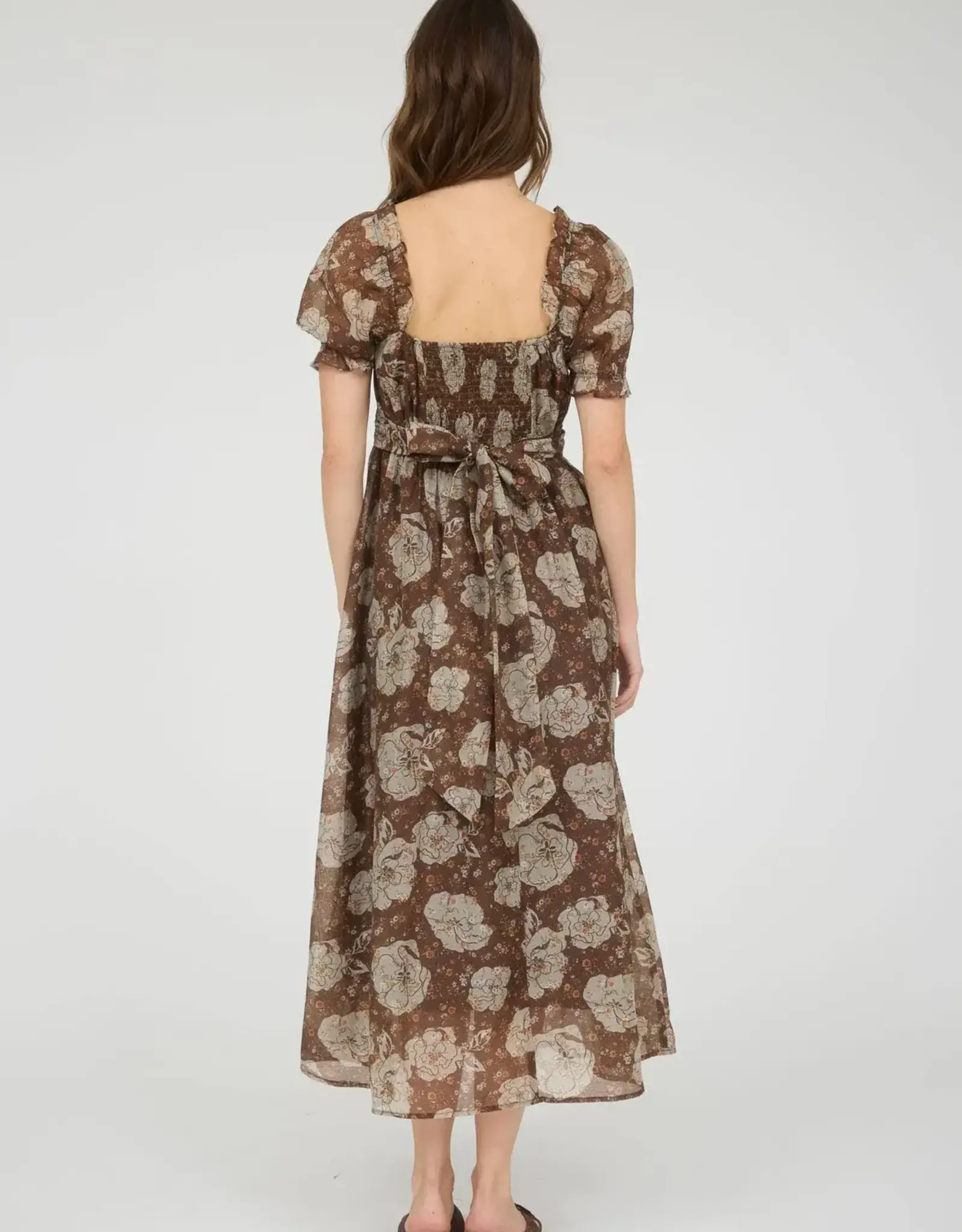 Miss Bliss M&E Floral Sweetheart Neck Back Tie Midi Dress-Brown