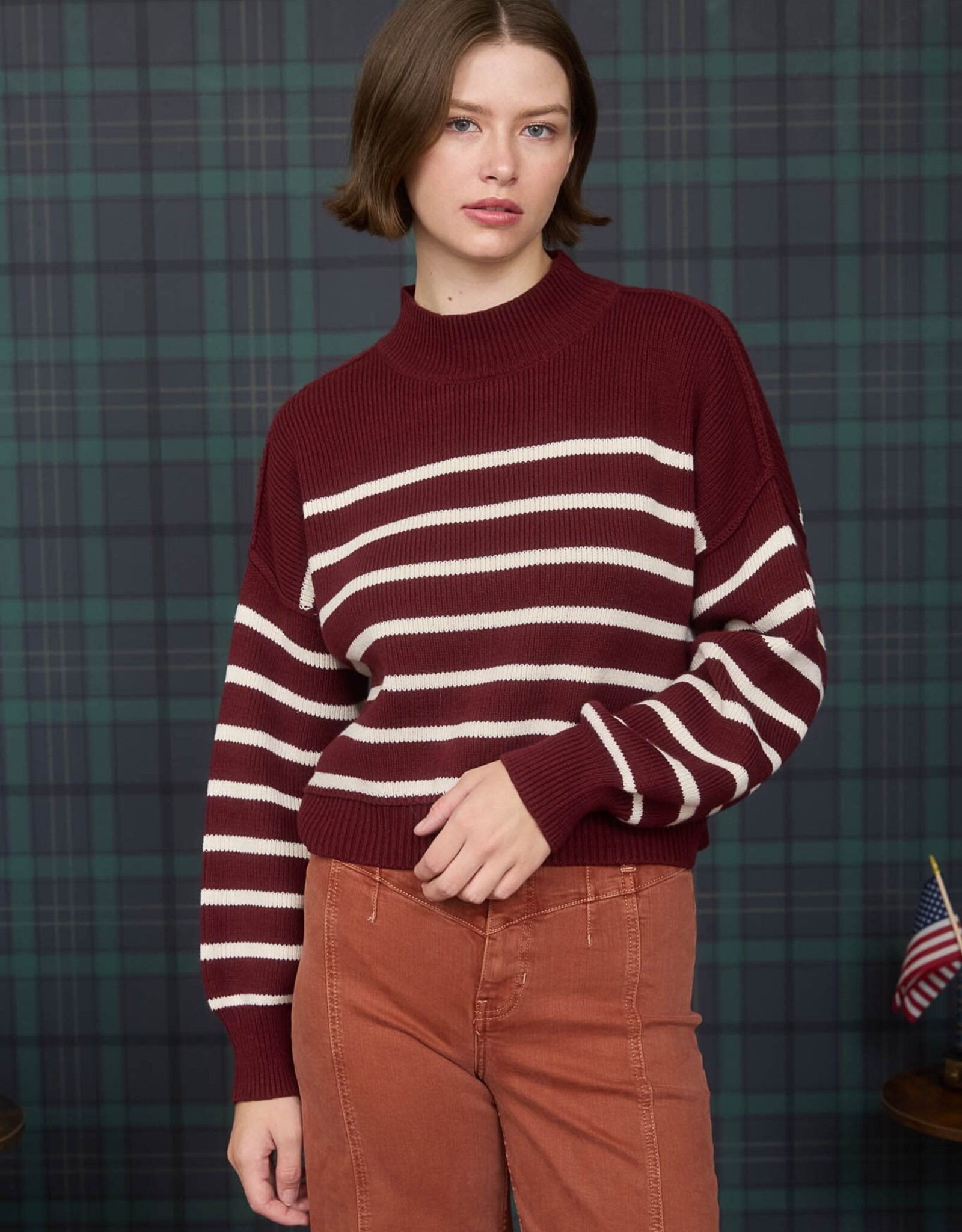 Miss Bliss M&E Stripe Mock Neck Drop Shoulder Knit Sweater-Oxblood