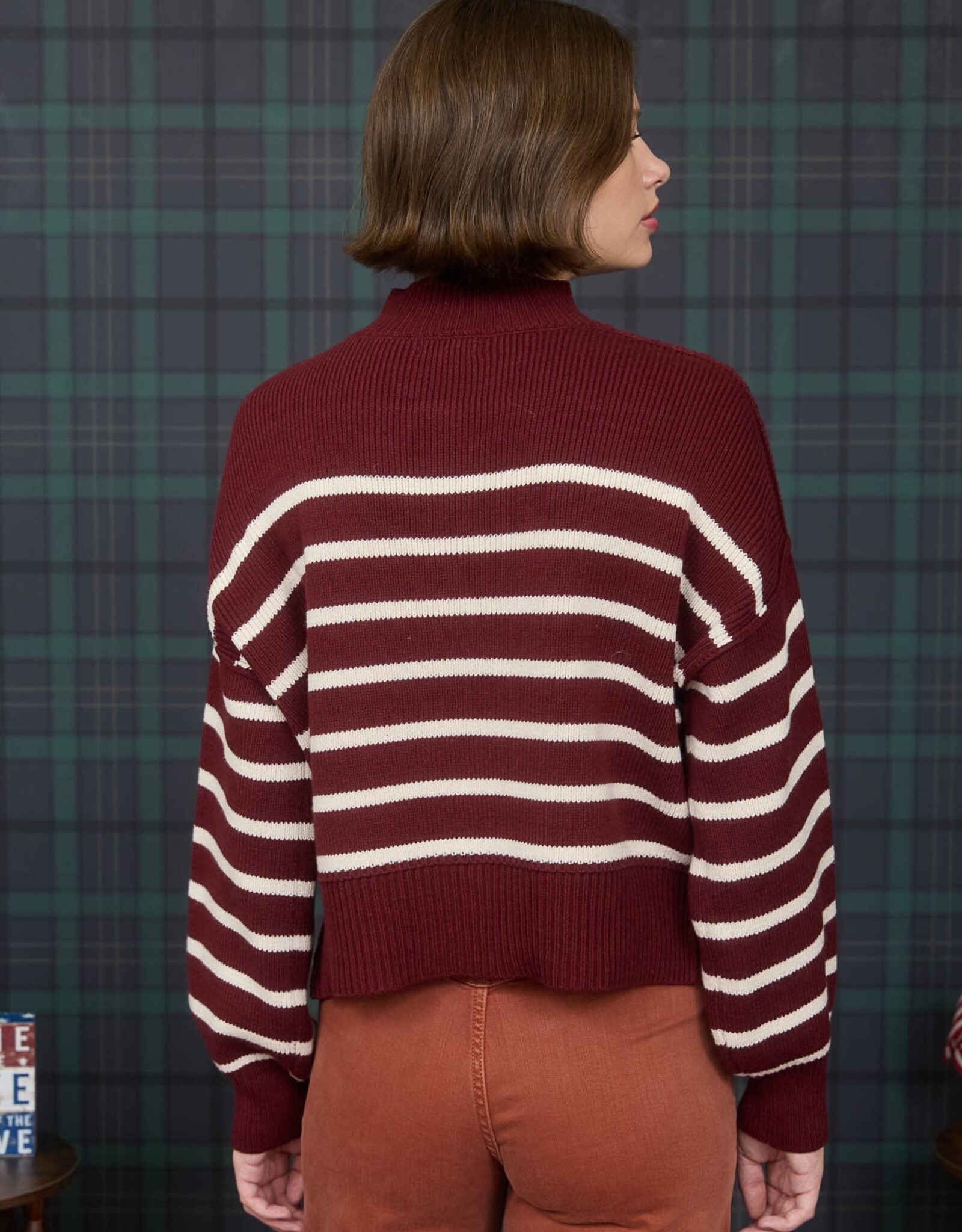 Miss Bliss M&E Stripe Mock Neck Drop Shoulder Knit Sweater-Oxblood