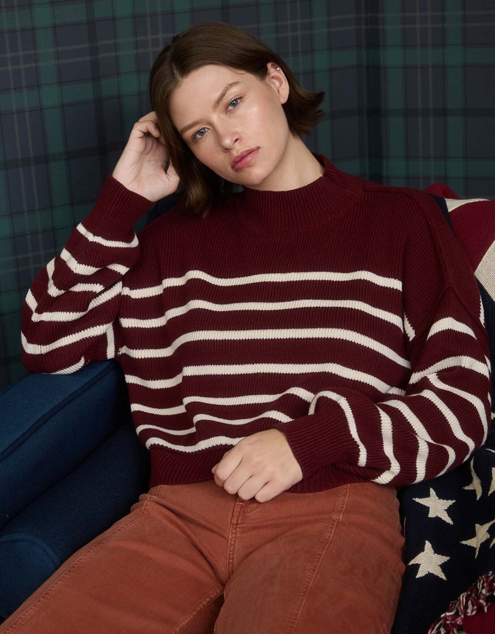 Miss Bliss M&E Stripe Mock Neck Drop Shoulder Knit Sweater-Oxblood