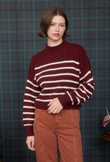 Miss Bliss M&E Stripe Mock Neck Drop Shoulder Knit Sweater-Oxblood