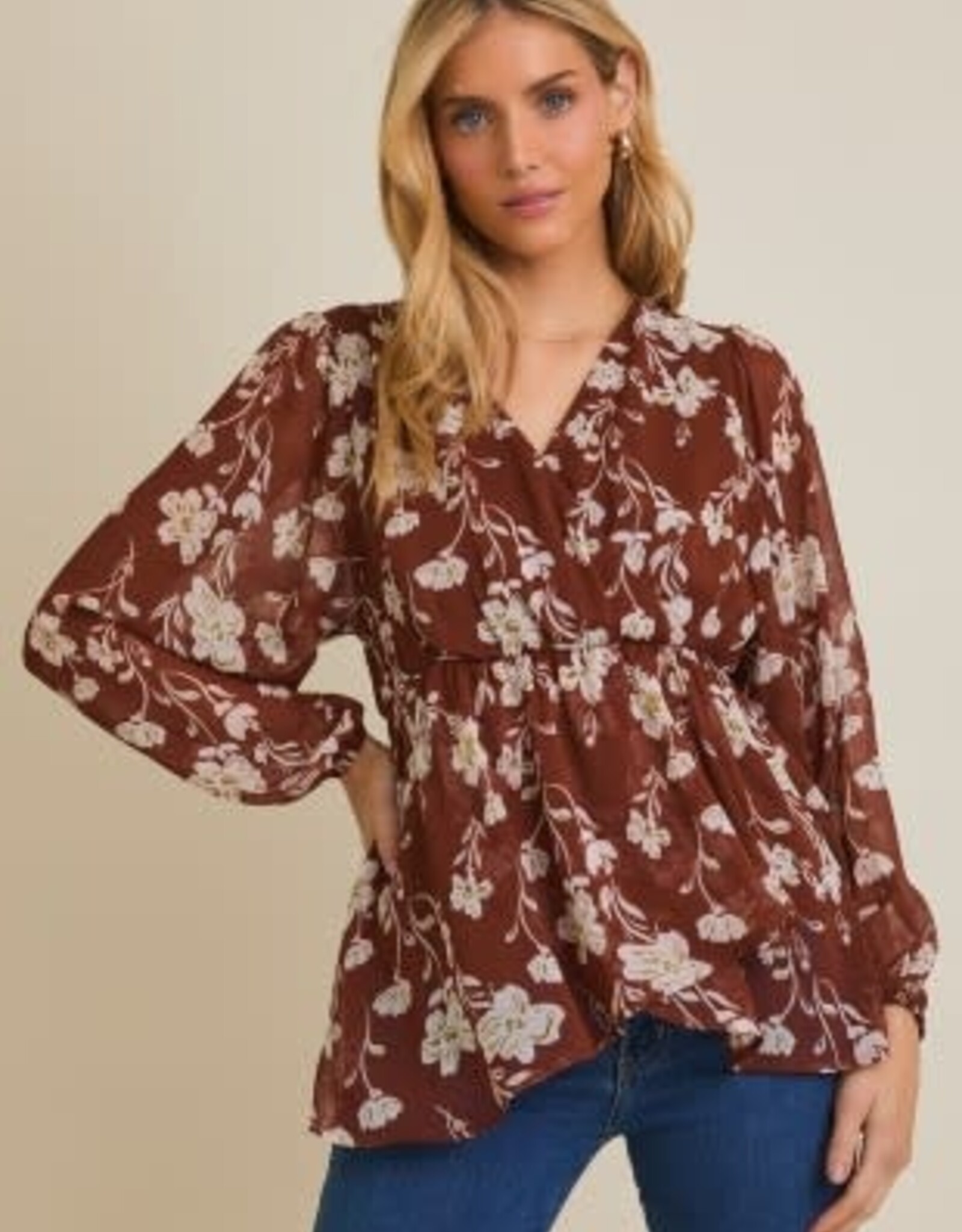 Gilli Surplice Long Sleeve Floral Top-Rust