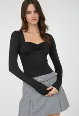 Miss Bliss Blu Sweetheart Ruched Front Ls Knit Top-Black