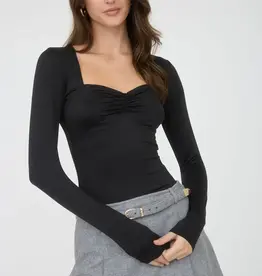 Miss Bliss Blu Sweetheart Ruched Front Ls Knit Top-Black