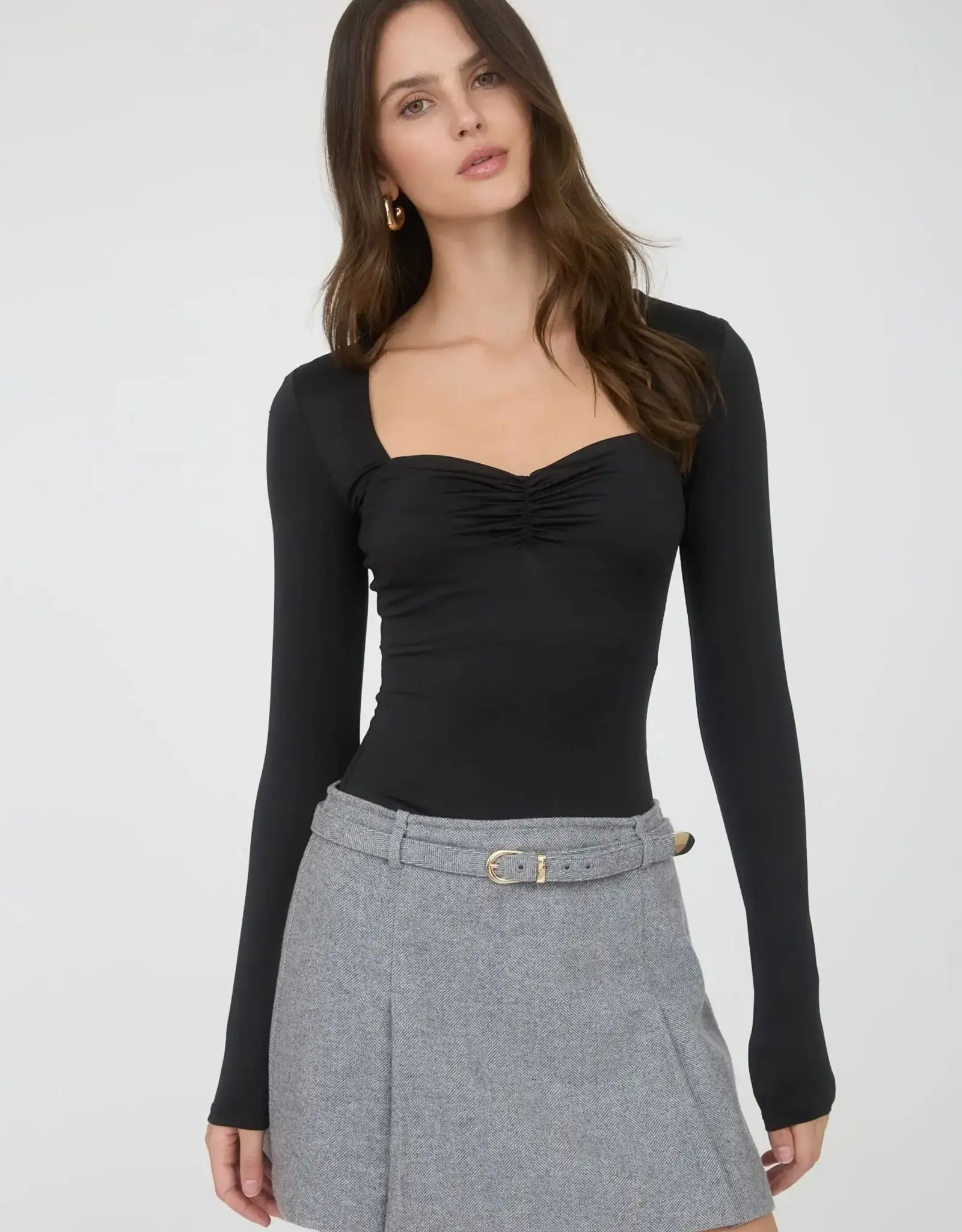 Miss Bliss Blu Sweetheart Ruched Front Ls Knit Top-Black