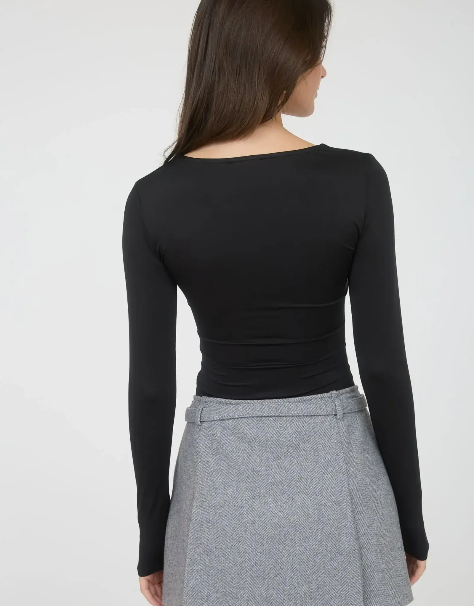 Miss Bliss Blu Sweetheart Ruched Front Ls Knit Top-Black