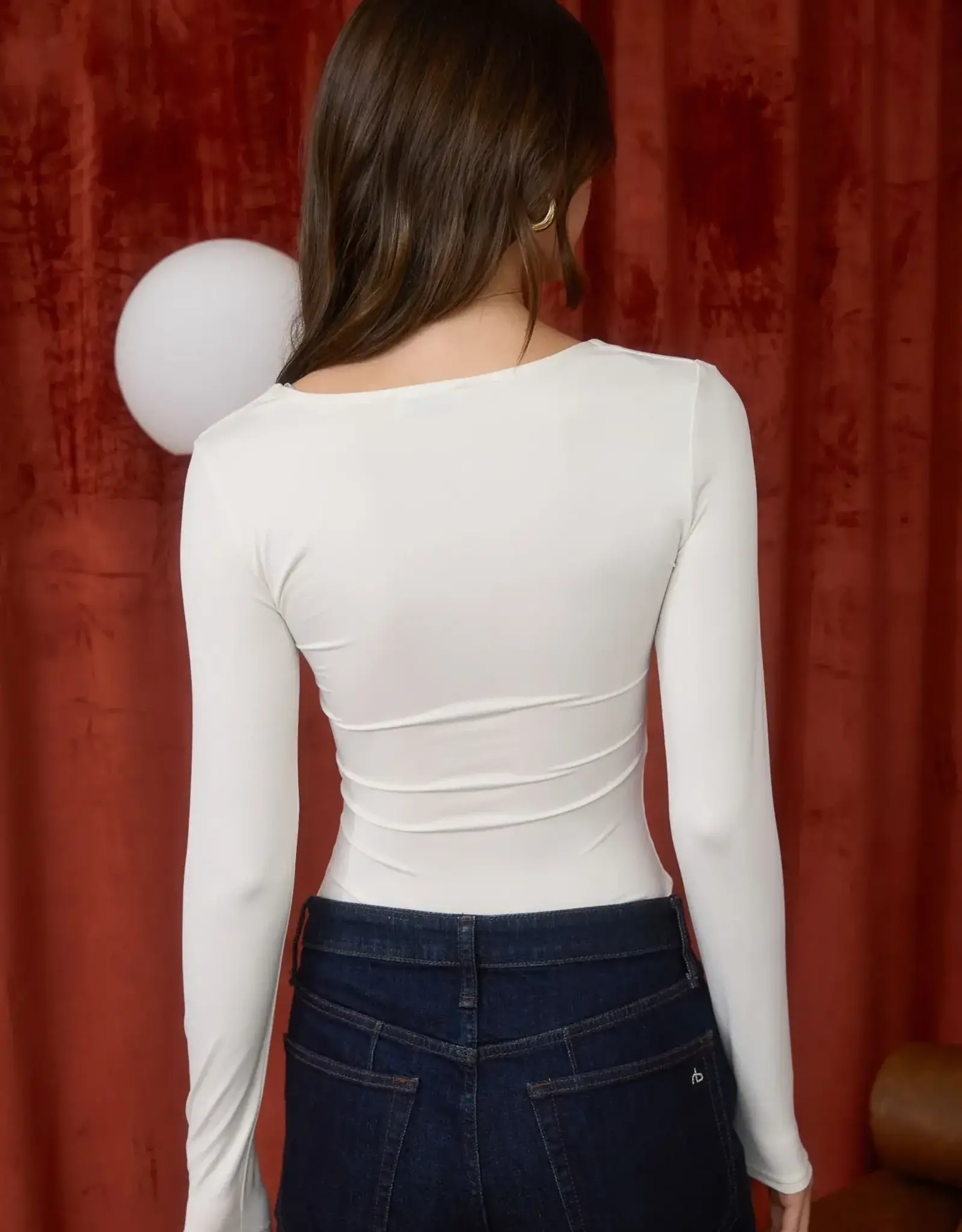 Miss Bliss Blu Sweetheart Ruched Front Ls Knit Top-White