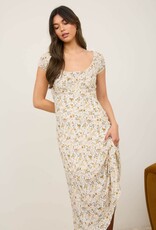 Miss Bliss Floral Scoop Neck Ruched Short Sleeve Midi Dress-Cream