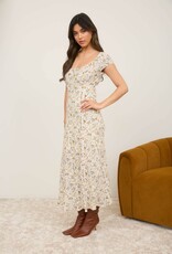 Miss Bliss Floral Scoop Neck Ruched Short Sleeve Midi Dress-Cream