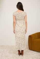 Miss Bliss Floral Scoop Neck Ruched Short Sleeve Midi Dress-Cream