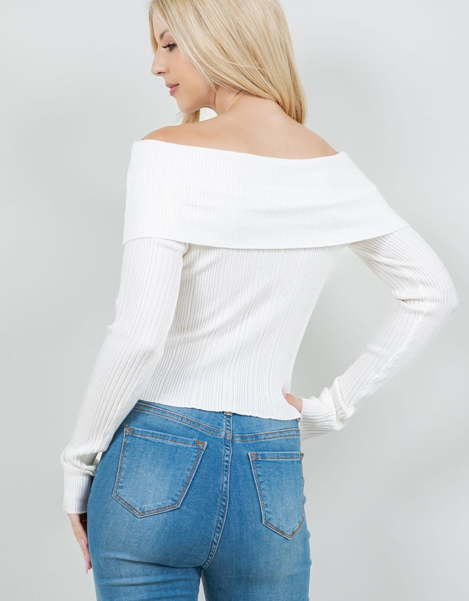 Miss Bliss Dream Foldover Off-the-shoulder Sweater Top- Ivory