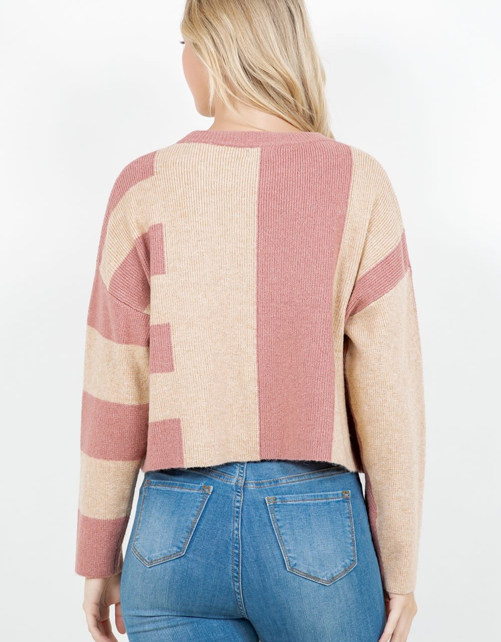 Miss Bliss Dream Abstract Colorblock Knit Sweater- Rose