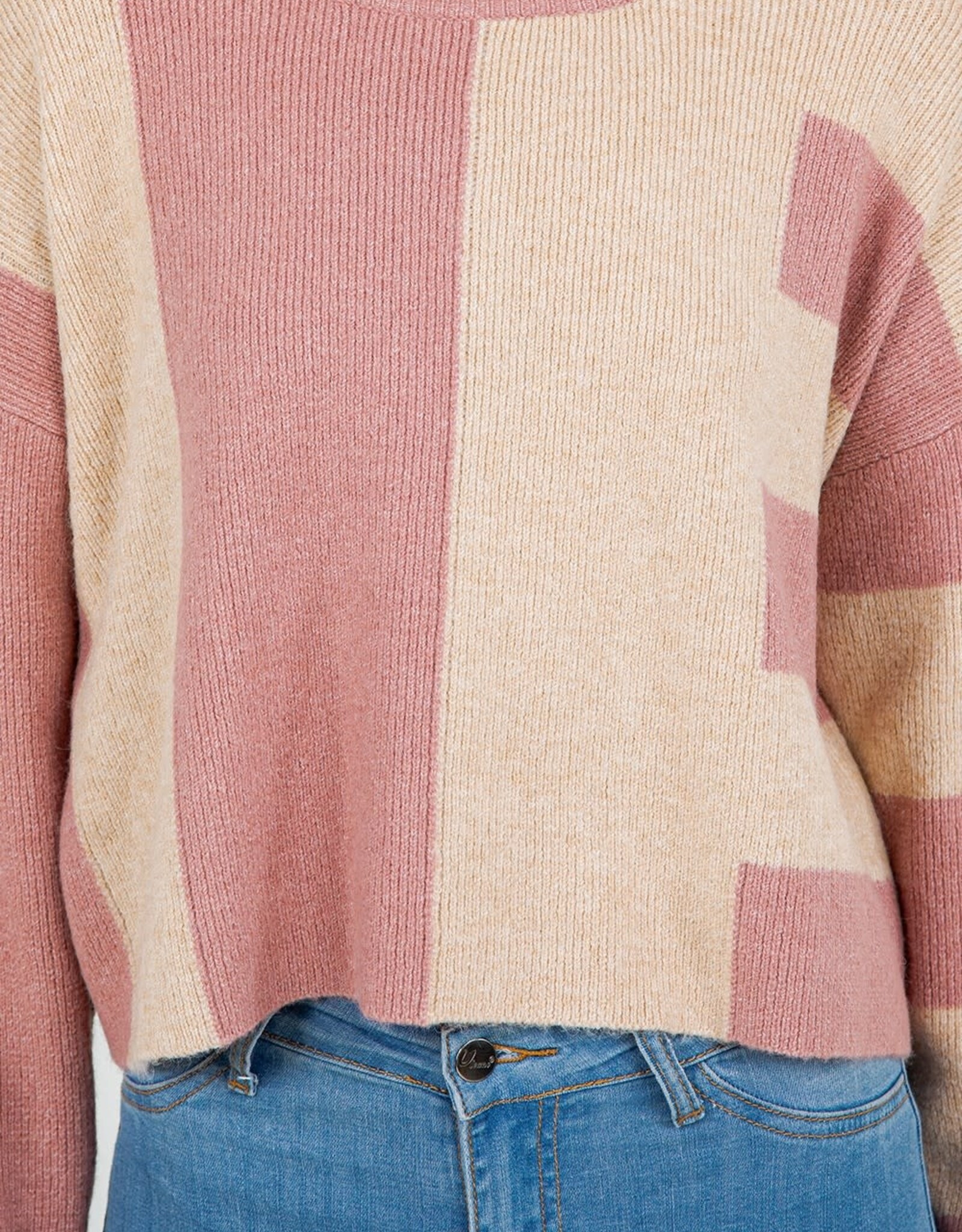 Miss Bliss Dream Abstract Colorblock Knit Sweater- Rose