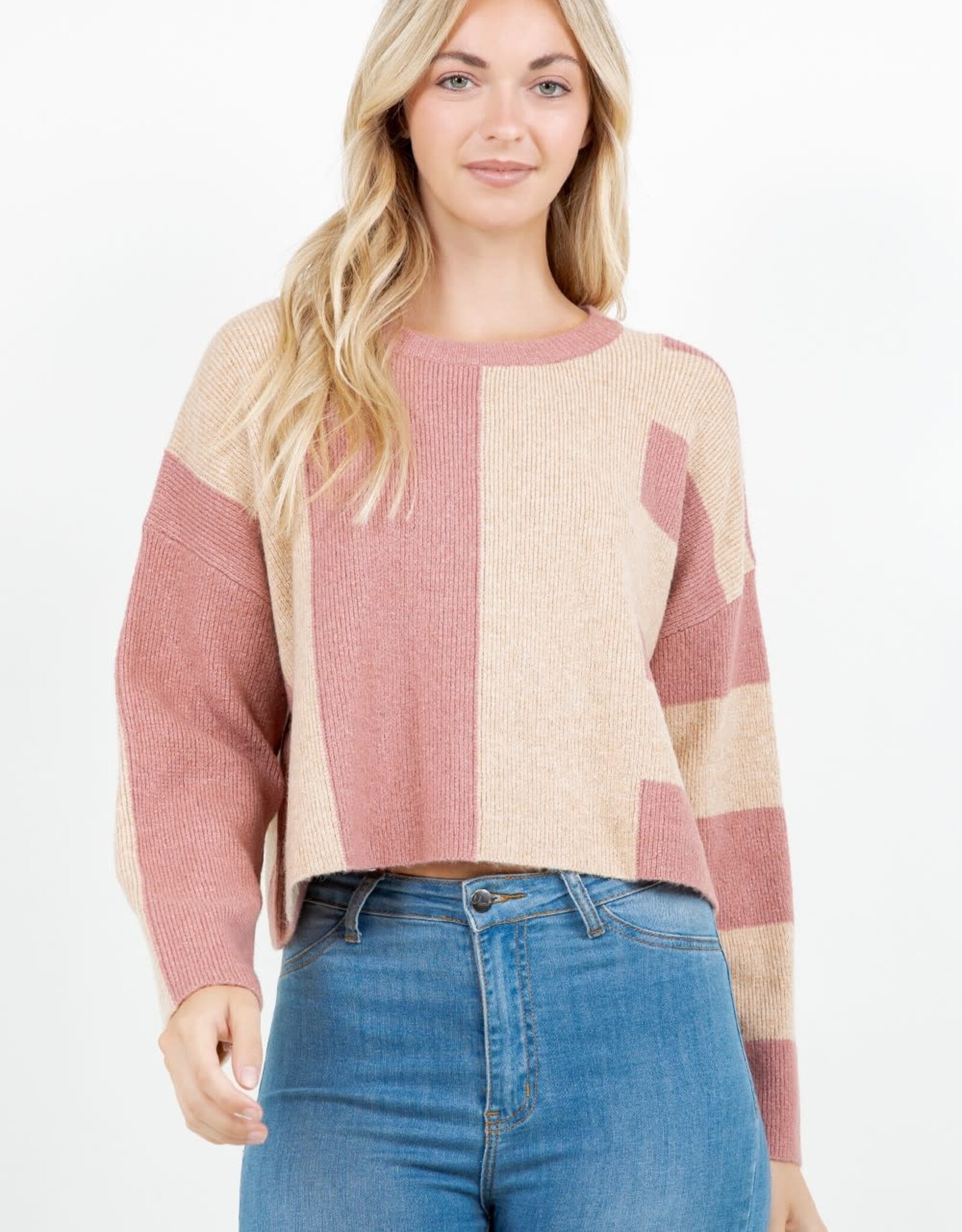 Miss Bliss Dream Abstract Colorblock Knit Sweater- Rose