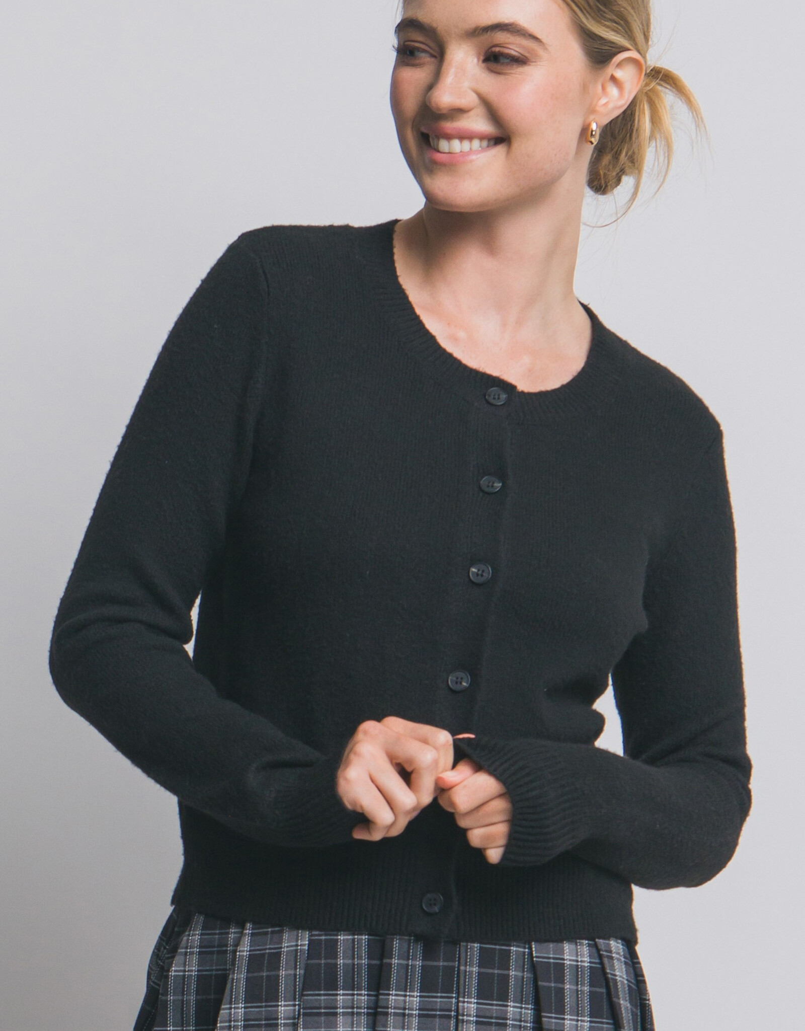 Miss Bliss LT Crew Neck Button Up Cardigan-Black