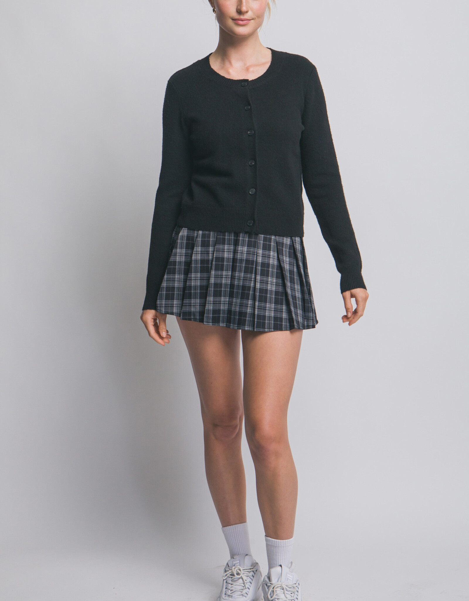 Miss Bliss LT Crew Neck Button Up Cardigan-Black