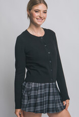 Miss Bliss LT Crew Neck Button Up Cardigan-Black