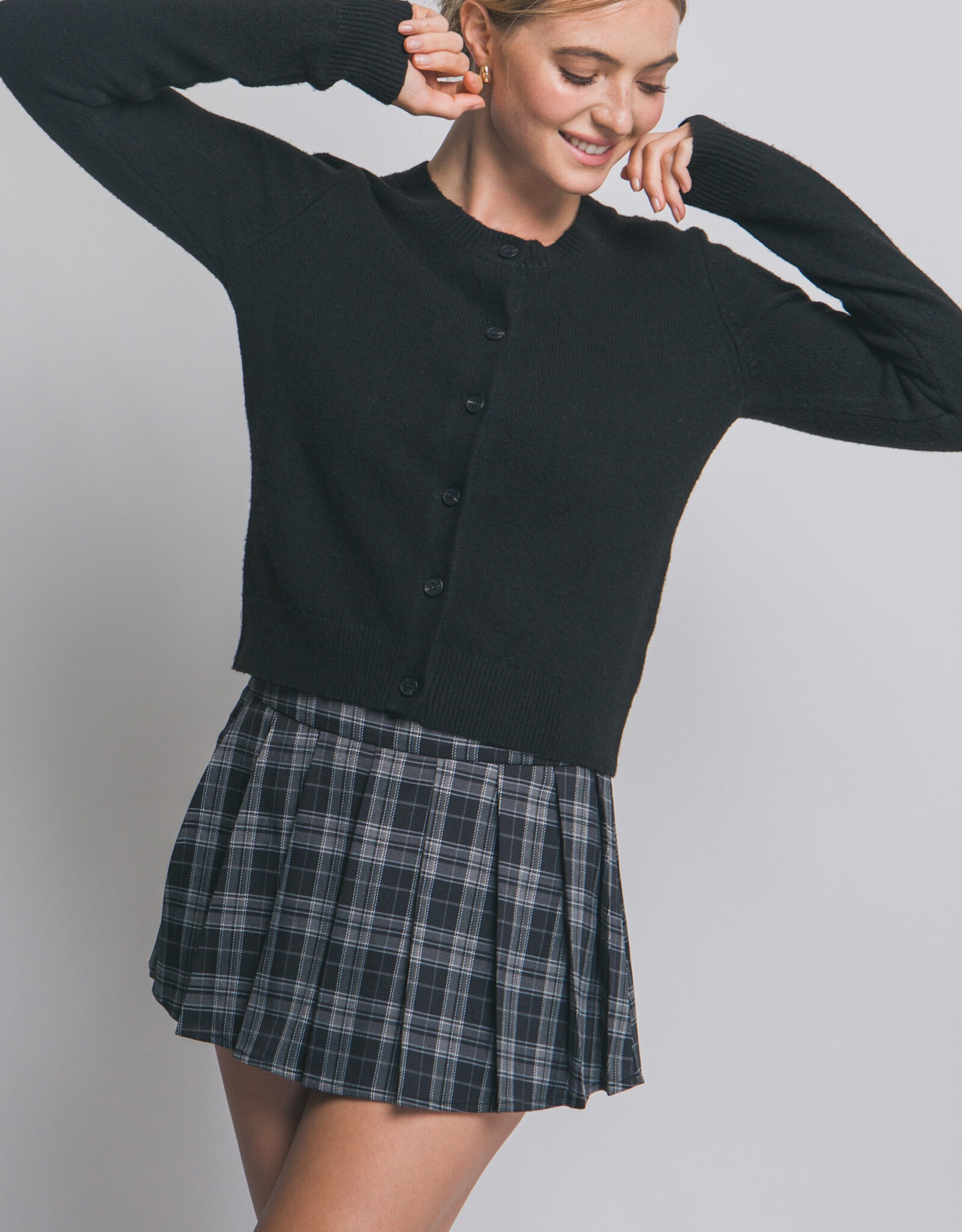 Miss Bliss LT Crew Neck Button Up Cardigan-Black