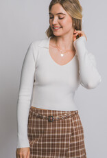 Miss Bliss LT Collared V-neck Sweater Top-White