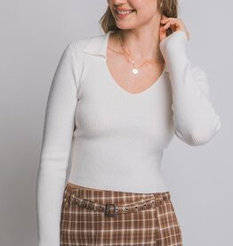 Miss Bliss White Collared V Neck Knit Top