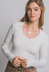 Miss Bliss LT Collared V-neck Sweater Top-White