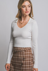 Miss Bliss LT Collared V-neck Sweater Top-White