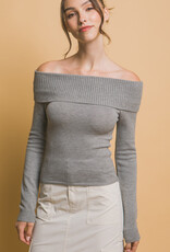 Miss Bliss LT Ribbed Fitted Off Shoulder Top-HGrey