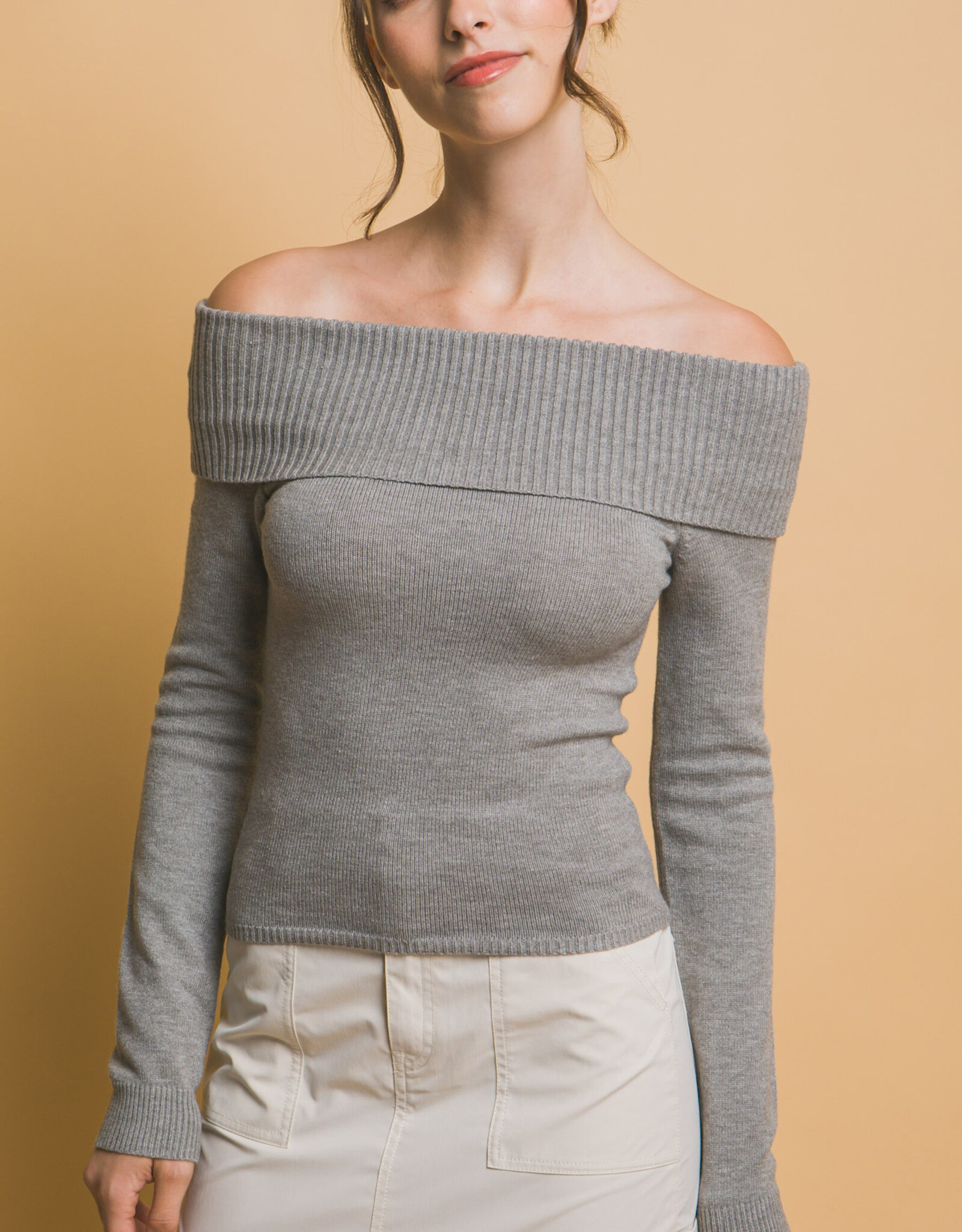 Miss Bliss LT Ribbed Fitted Off Shoulder Top-HGrey