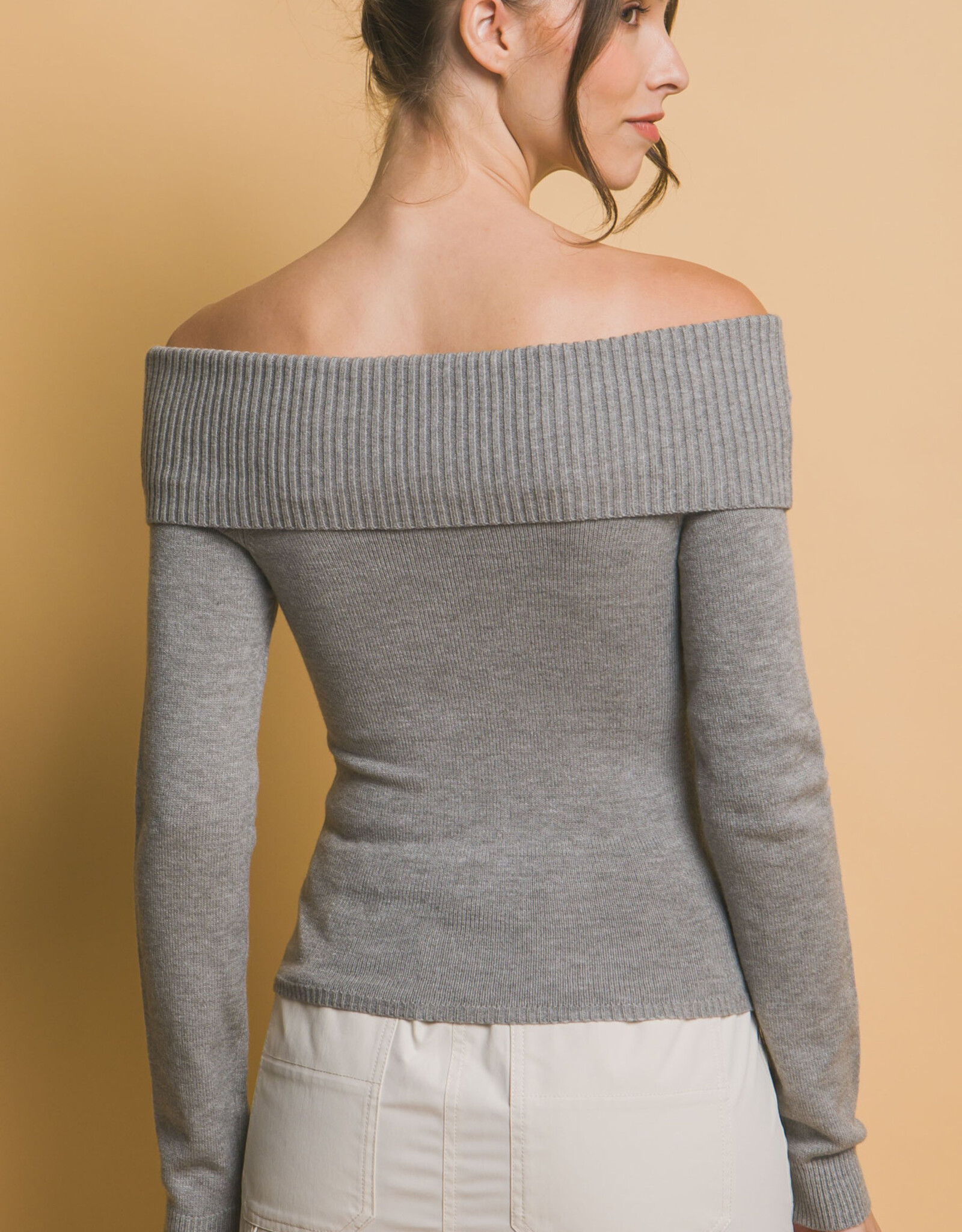 Miss Bliss LT Ribbed Fitted Off Shoulder Top-HGrey