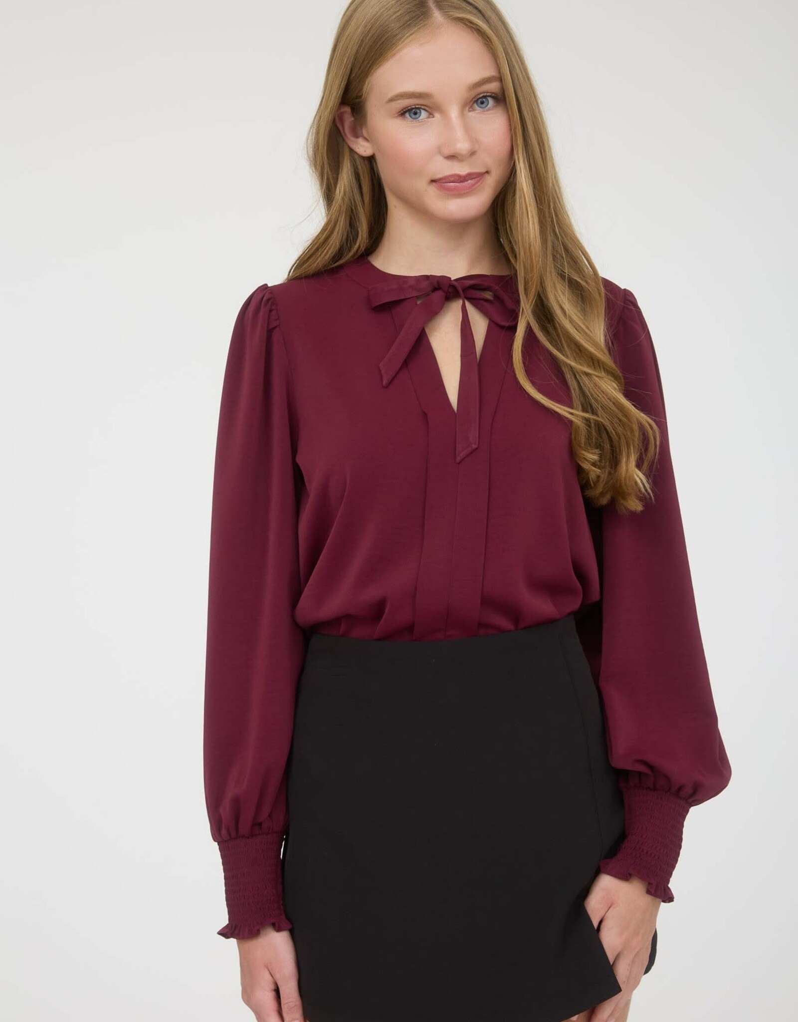 Miss Bliss M&E Necktie Long Sleeve With Smocked Cuff Top-Burgundy