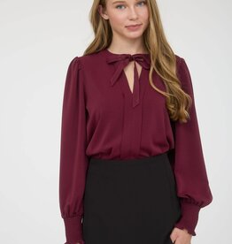 Miss Bliss Burgundy Necktie Smocked Blouse