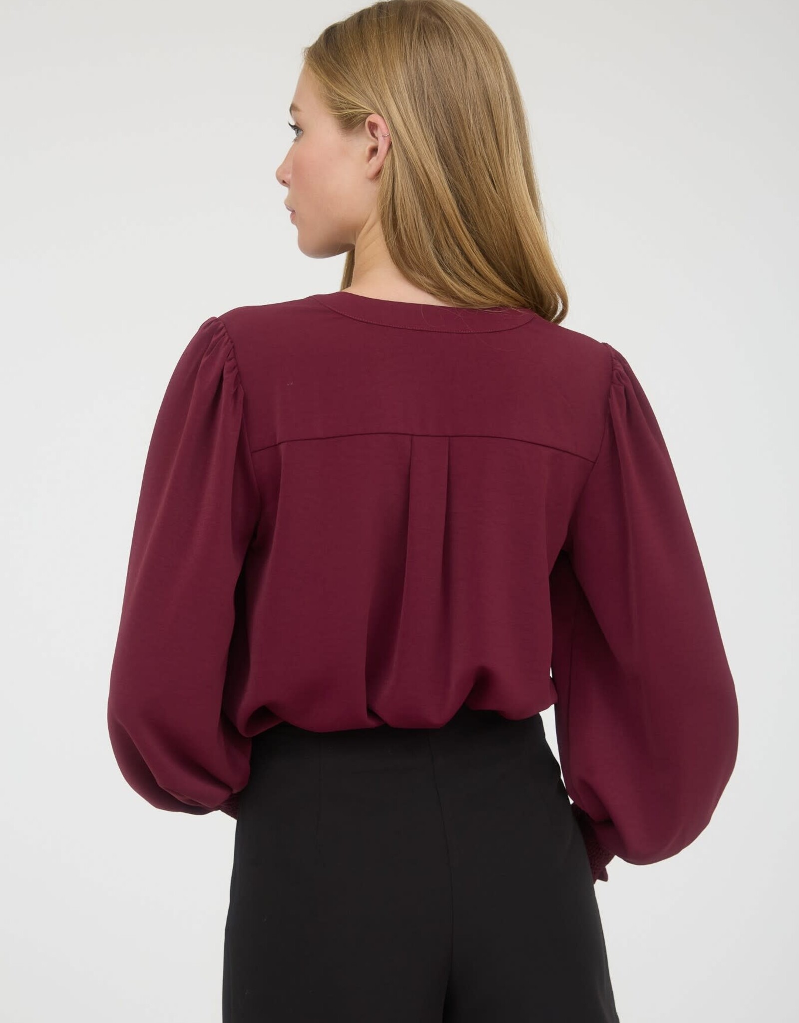 Miss Bliss M&E Necktie Long Sleeve With Smocked Cuff Top-Burgundy