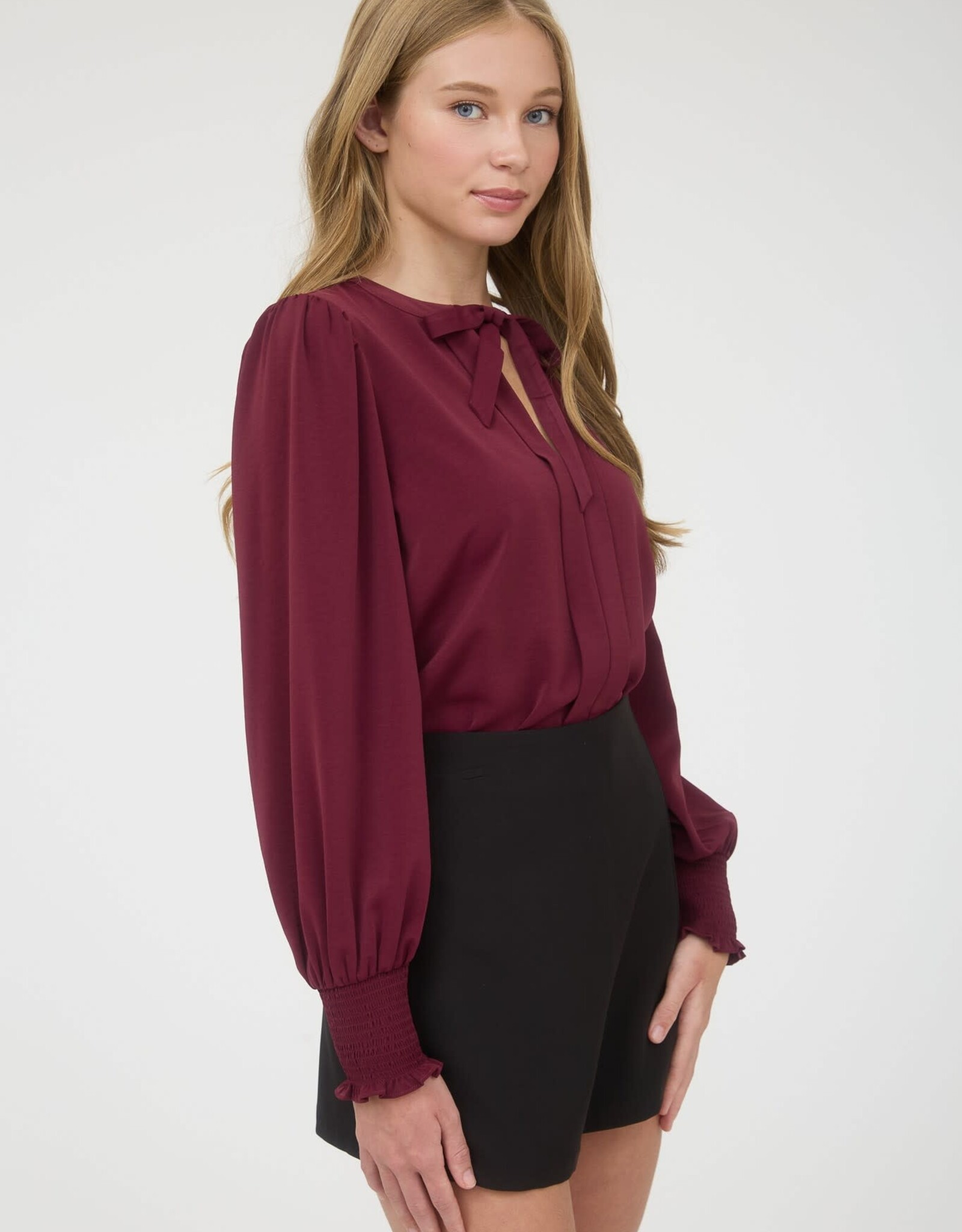 Miss Bliss M&E Necktie Long Sleeve With Smocked Cuff Top-Burgundy