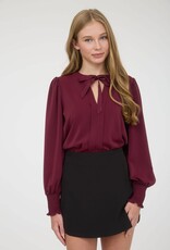 Miss Bliss M&E Necktie Long Sleeve With Smocked Cuff Top-Burgundy