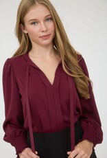 Miss Bliss M&E Necktie Long Sleeve With Smocked Cuff Top-Burgundy