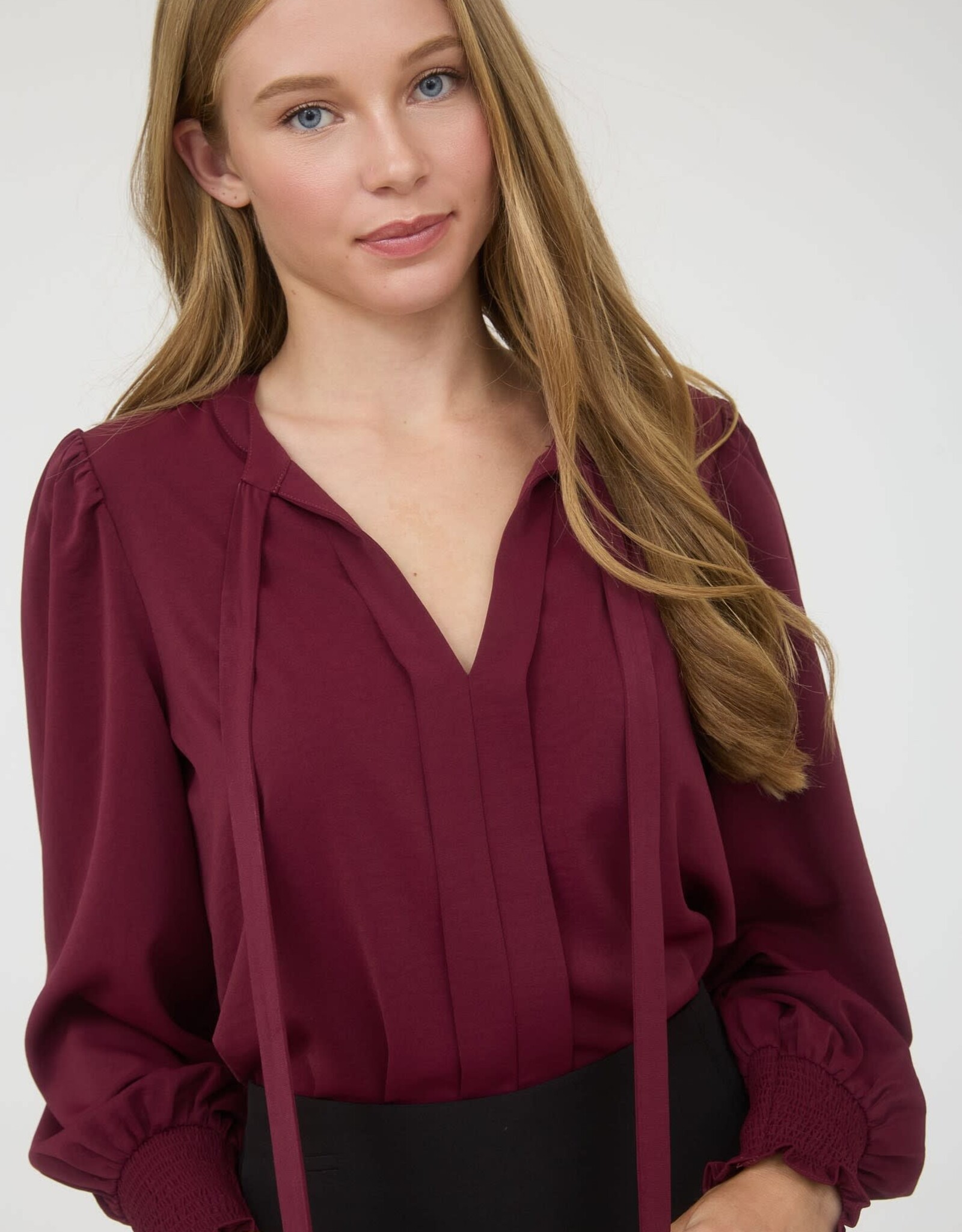 Miss Bliss M&E Necktie Long Sleeve With Smocked Cuff Top-Burgundy