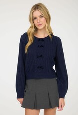 Miss Bliss Cable Knit Front Velvet Bow Detail Knit Sweater-Navy