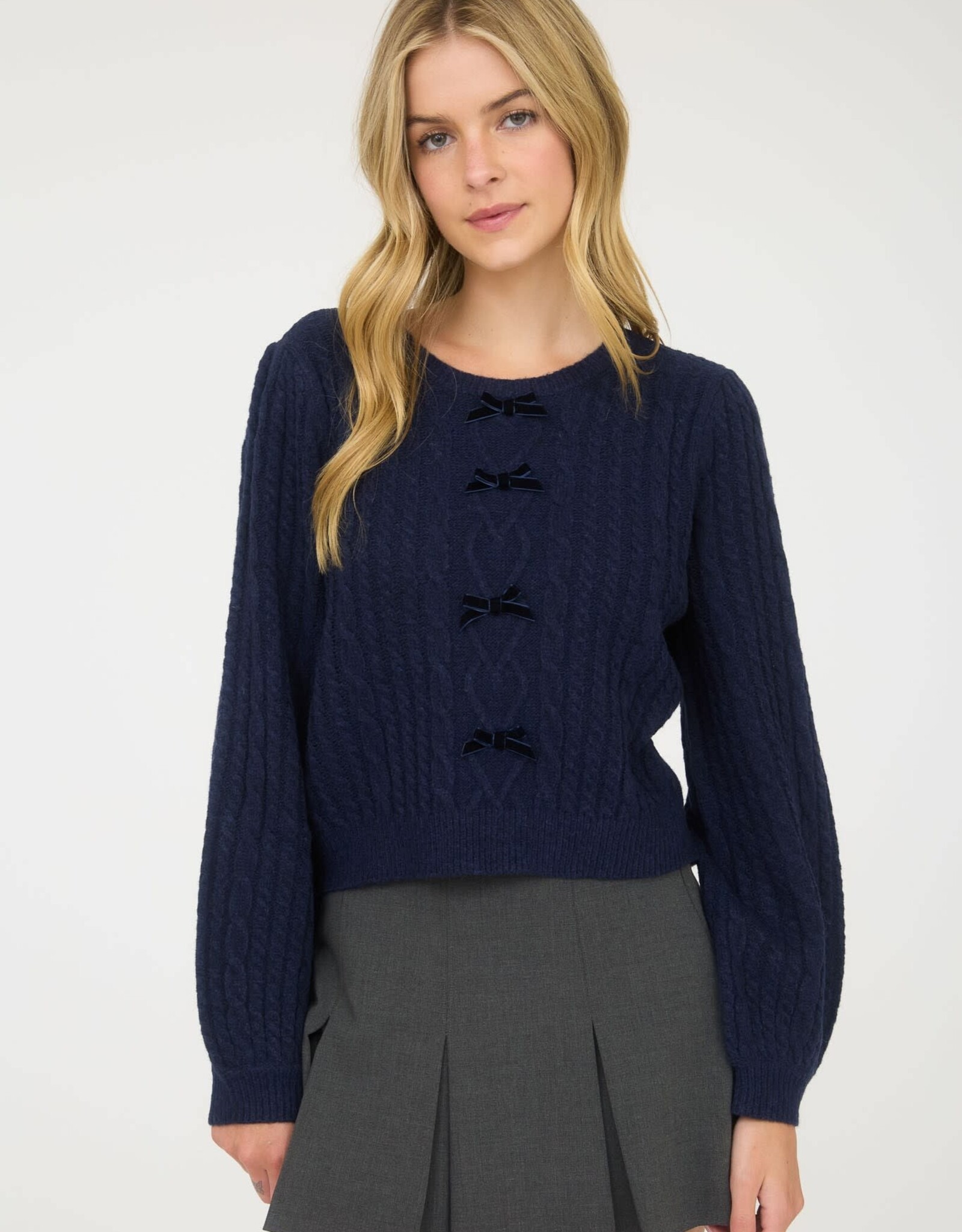 Miss Bliss Cable Knit Front Velvet Bow Detail Knit Sweater-Navy