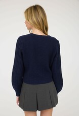 Miss Bliss Cable Knit Front Velvet Bow Detail Knit Sweater-Navy